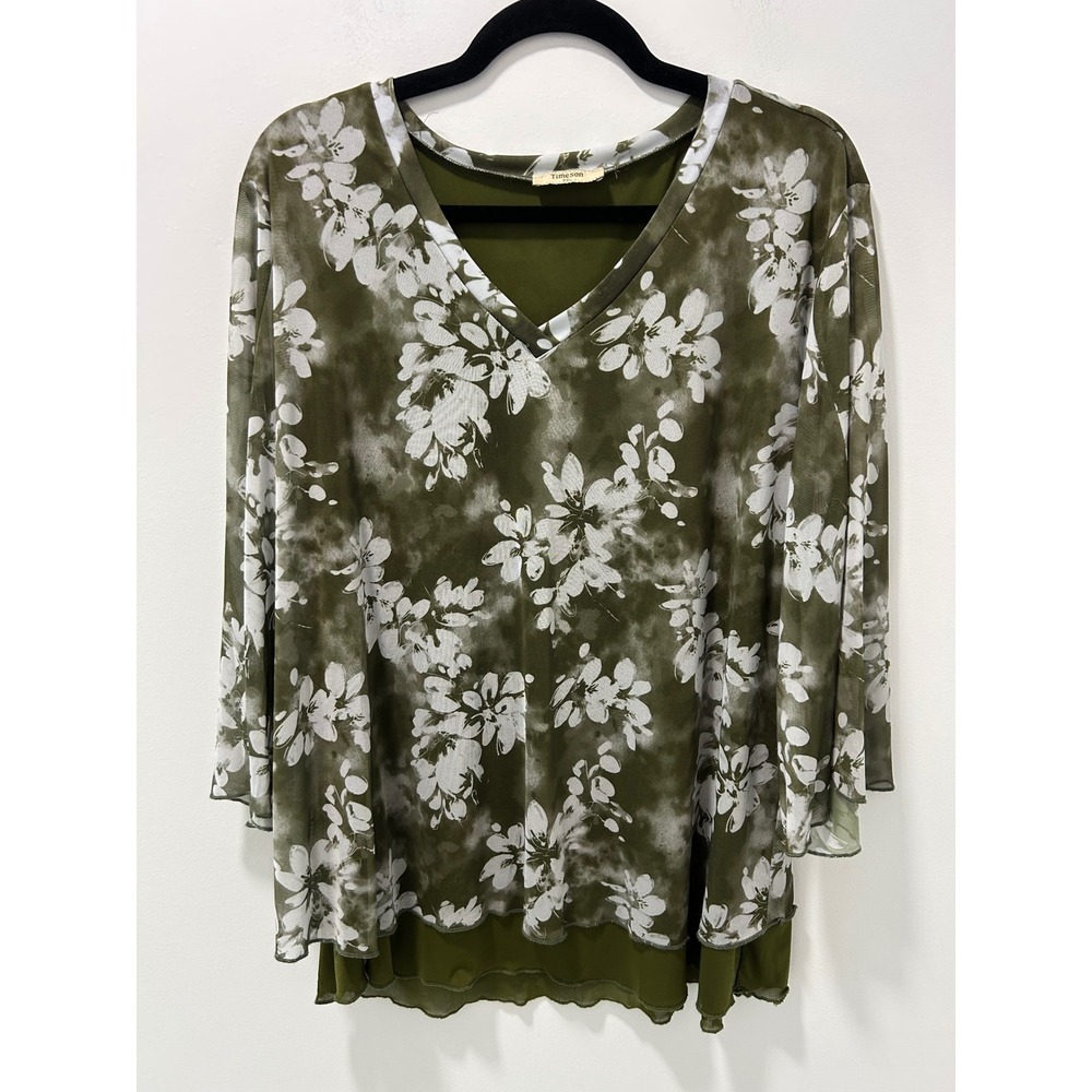 Timeson Women Olive Green Floral Mesh V-Neck Layered Bell Sleeve Blouse XXL